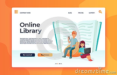 Online library or web archive. Digital education, ebook reading, studying in internet. Boy reading in mobile phone Vector Illustration