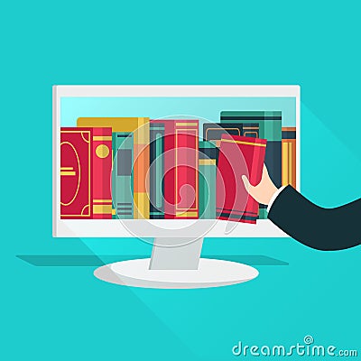 Online library. Website books store learning digital study read ebook catalog education files internet shop device flat Vector Illustration
