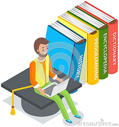 Online library. Young man sitting near stack of large books and using tablet pc studying in internet Vector Illustration