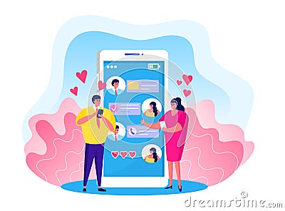 Online love chat vector illustration, cartoon flat tiny man woman lover characters chatting, using app smartphone for Vector Illustration