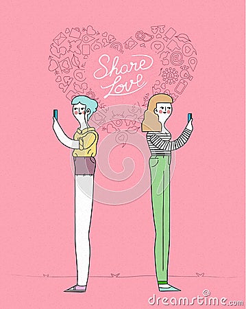 Online love concept women couple on mobile Vector Illustration