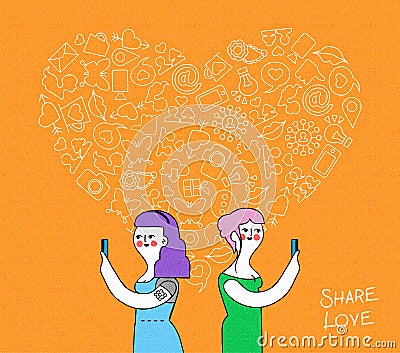 Online love lesbian couple with internet icons Vector Illustration