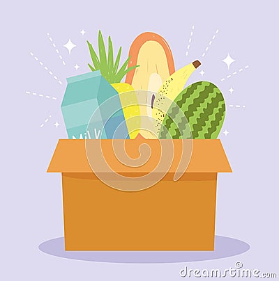 Online market, box with food grocery shop home delivery Vector Illustration