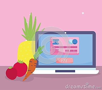 Online market, laptop payment button fruit vegetable, food delivery in grocery store Vector Illustration