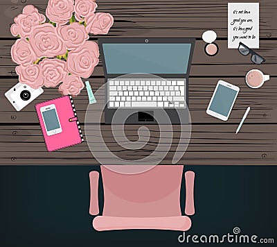 Online marketing blogger workspace. Vector desktop design. Online service equipment. Global media lifestyle office Vector Illustration