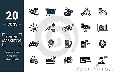 Online Marketing icon set. Include creative elements email marketing, mobile marketing, referral, marketing plan, social icons. Stock Photo