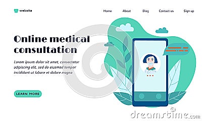 Online medical consultation landing page template. Web design element with modern flat style vector illustration Vector Illustration