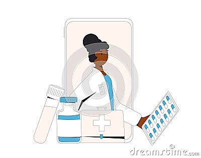 Online medical consultation. Telemedicine. Female doctor distant advise. Health care by internet. Healthcare services. Vector Vector Illustration
