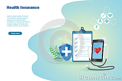 Online medical health insurance concept. Smart phone with stethoscope online check patient heart cardiology Vector Illustration