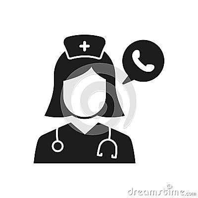 Online Medical Help Silhouette Icon. Hospital Call Center Operator Pictogram. Doctor Support Helpline Black Icon Vector Illustration