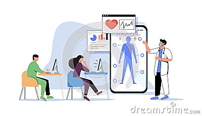 Online medical webinar and medicine courses: doctor teaching to academic students in the virtual class Vector Illustration