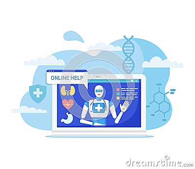 Online medicine concept vector illustration, cartoon flat robot character on computer screen advising treatment using Vector Illustration