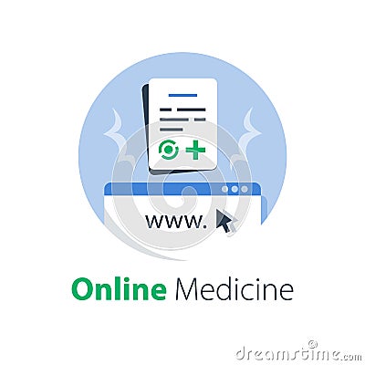 Online medicine, internet medical services, distant check up and sick leave list, test results access Vector Illustration