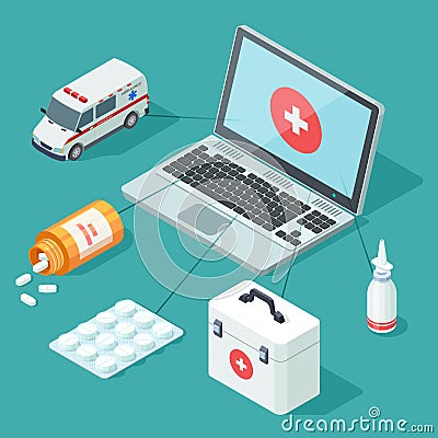 Online medicine isometric. Medical, first aid vector illustration Vector Illustration