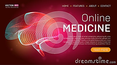 Online medicine landing page template or medical hero banner design concept. Human brain outline organ vector illustration in 3d Vector Illustration