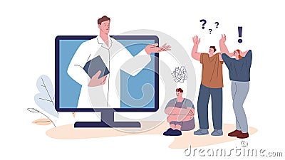 Online medicine scene with doctor and patients. People in depression and panic, nervous woman. Telemedicine, psychology Vector Illustration