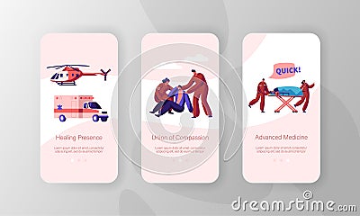 Online Medicine Support Idea Mobile App Page Onboard Screen Set. Healthcare Technology. Ambulance Car and Helicopter Vector Illustration