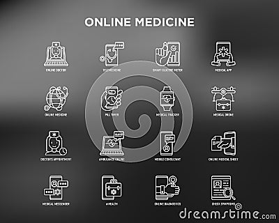 Online medicine, telemedicine thin line icons set: pill timer, ambulance online, medical drone, medical tracker, mHealth, Vector Illustration