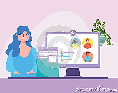 Online meeting or conference during coronavirus covid 19, teacher and student group computer video call Vector Illustration