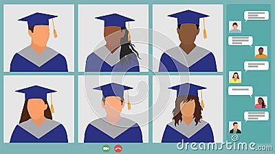 Online meeting graduates, virtual graduation. Screen laptop, video call and chat. Vector illustration Vector Illustration