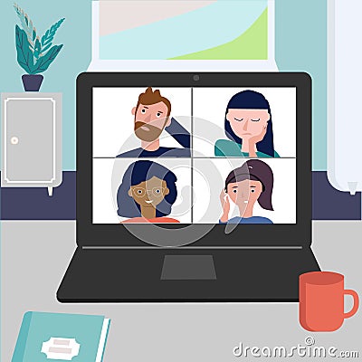 Online meeting via group call. Friends, coleagues talking in video conference call at office or home. Concept Freelance Vector Illustration