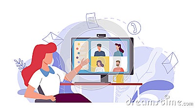 Online meeting. Woman talking with people group on monitor screen , video conference remote work with computer, virtual Vector Illustration
