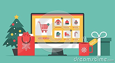 Christmas online shopping concept on a computer screen Vector Illustration