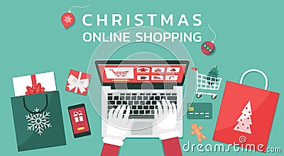 Christmas online shopping top view concept, Santa Claus hand makes order on laptop screen Vector Illustration