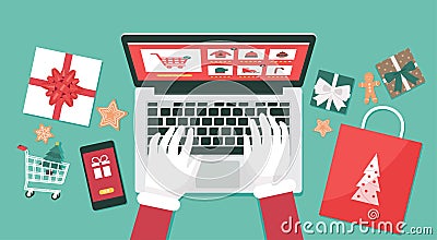 Christmas online shopping top view concept, santa Claus hand makes order on laptop Vector Illustration