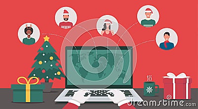 Concept of Santa Claus hand using a laptop searching location of children on the world Vector Illustration