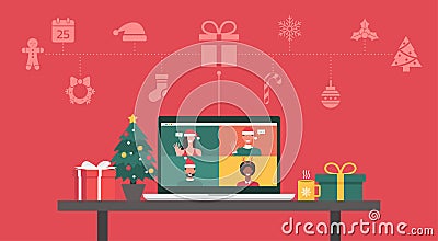 People meeting together online via video calling on laptop with Christmas icon Vector Illustration