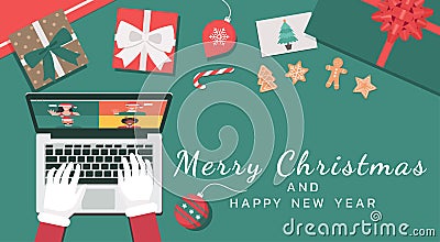 Santa Claus hand using a laptop video conferencing online with people and virtual discussing on Christmas holiday Vector Illustration