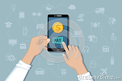 Online mobile payment, money transfer service. Pay for goods and services by cashless payments. Hand holding a phone with a coin Vector Illustration