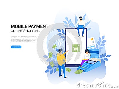 Online and mobile payments concept. Pos terminal confirms payment. Online banking and shopping for web page, social Vector Illustration