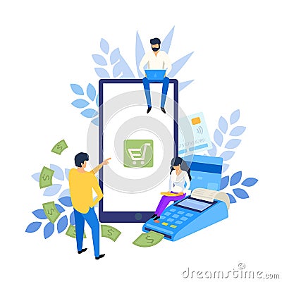 Online and mobile payments concept. Pos terminal confirms payment. Online banking and shopping for web page, social Vector Illustration