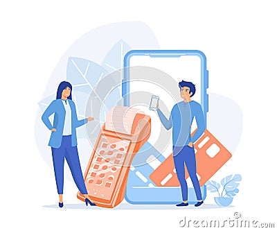 Online and mobile payments for web page, social media, pos terminal confirms the payment using a smartphone, Vector Illustration