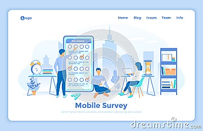 Online mobile survey testing questionnaire. Phone screen with online filling forms and check marks. A group of people making onlin Vector Illustration