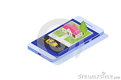 Online mobile taxi app isometric concept. GPS route point Vector Illustration