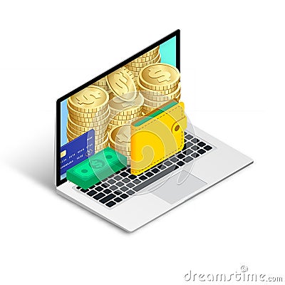 Online money concept isometric laptop isolated Cartoon Illustration