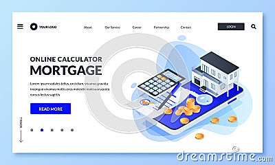 Online mortgage rate calculator. Vector 3d isometric illustration. Concept of real estate loan, property investment Vector Illustration