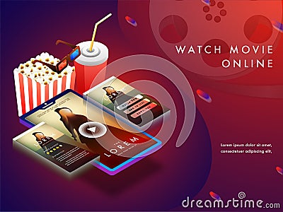 Online movie concept with isomeric set-up, movie playing on smart phone screens with 3D glasses, cold drink and popcorns. Stock Photo