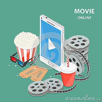 Online movie flat isometric low poly vector concept. Vector Illustration