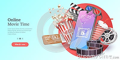 Online Movie Time, Mobile Movie Theater, Cinematography and Filmmaking. Vector Illustration