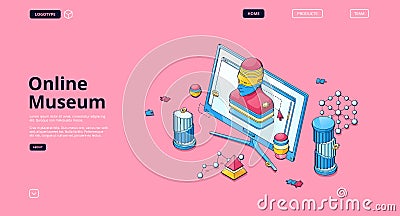 Online museum isometric landing page, web banner Vector Illustration