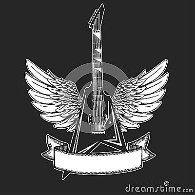 Vector rock guitar with wings. Print for poster, tattoo, tee shirt. Online musical education. Internet guitar lessons. Vector Illustration