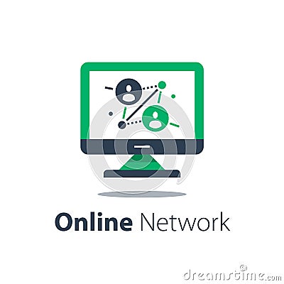 Online network, computer monitor, internet portal, people connection, distant work Vector Illustration