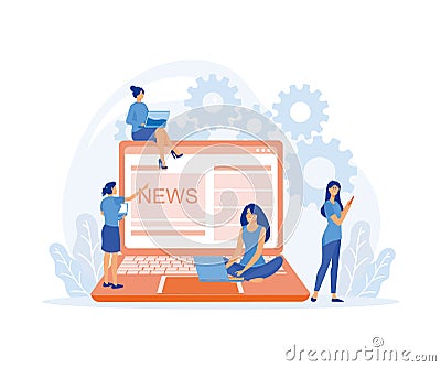 Online news. Modern young men and women use smartphones and laptop to read news Vector Illustration