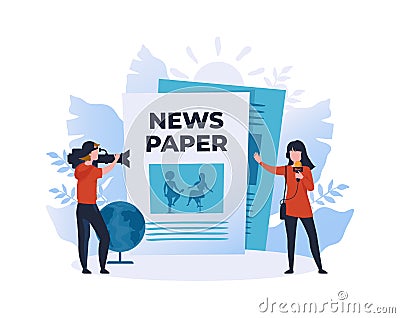 Online newspaper. Cartoon people recording reportage. News website. Videographer filming reporter's review, journalist Vector Illustration