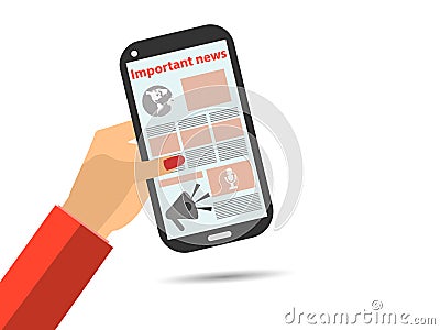 Online Newspaper. Smartphone in hand. Important news. Tablet PC. Vector Illustration