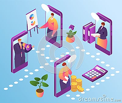 Online office technology, business management in internet vector illustration. Businessman using financial app on Vector Illustration